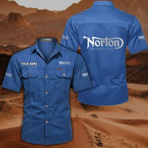 Norton Motorcycles Short Sleeved Shirt, All Over Print Button Shirt CAR444052625861 - Cowboy Blue