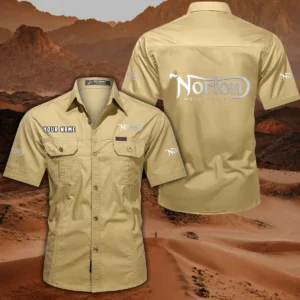 Norton Motorcycles Short Sleeved Shirt, All Over Print Button Shirt CAR444052625861 - Khaki