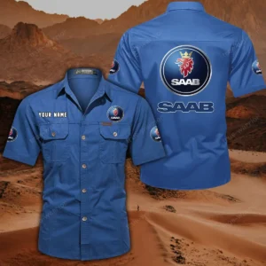 Saab Automobile Short Sleeved Shirt, All Over Print Button Shirt CAR444052625865 - Cowboy Blue