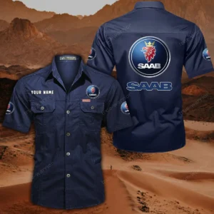 Saab Automobile Short Sleeved Shirt, All Over Print Button Shirt CAR444052625865 - Dark Blue