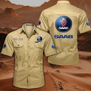 Saab Automobile Short Sleeved Shirt, All Over Print Button Shirt CAR444052625865 - Khaki