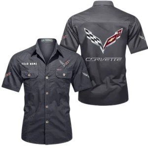 Corvette C7 Short Sleeved Shirt, All Over Print Button Shirt CAR444052625779 - Gray