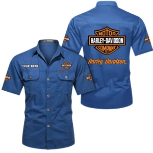 Harley Davidson Short Sleeved Shirt, All Over Print Button Shirt CAR444052625780 - Cowboy Blue