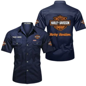 Harley Davidson Short Sleeved Shirt, All Over Print Button Shirt CAR444052625780 - Dark Blue