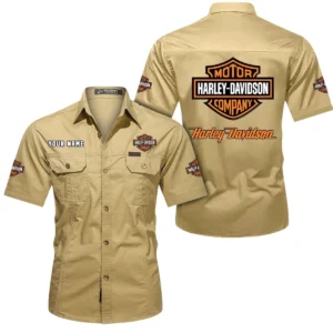 Harley Davidson Short Sleeved Shirt, All Over Print Button Shirt CAR444052625780 - Khaki