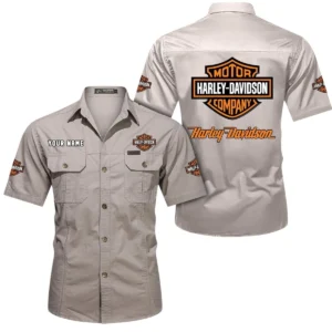 Harley Davidson Short Sleeved Shirt, All Over Print Button Shirt CAR444052625780 - Beige