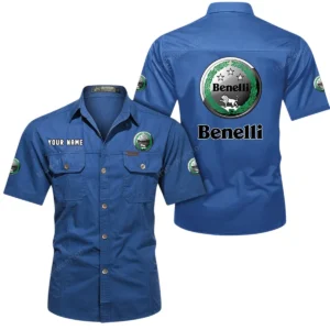 Benelli Motorcycles Short Sleeved Shirt, All Over Print Button Shirt CAR444052625782 - Cowboy Blue
