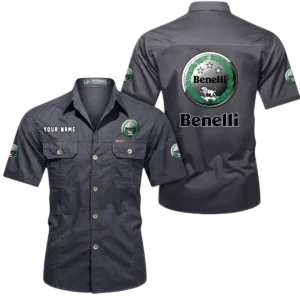 Benelli Motorcycles Short Sleeved Shirt, All Over Print Button Shirt CAR444052625782 - Gray