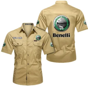 Benelli Motorcycles Short Sleeved Shirt, All Over Print Button Shirt CAR444052625782 - Khaki