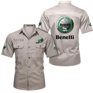 Benelli Motorcycles Short Sleeved Shirt, All Over Print Button Shirt CAR444052625782 - Beige