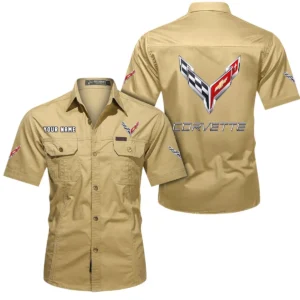 Corvette C8 Short Sleeved Shirt, All Over Print Button Shirt CAR444052625784 - Khaki