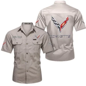 Corvette C8 Short Sleeved Shirt, All Over Print Button Shirt CAR444052625784 - Beige