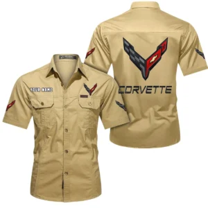 Chevrolet Corvette Short Sleeved Shirt, All Over Print Button Shirt CAR444052625785 - Khaki