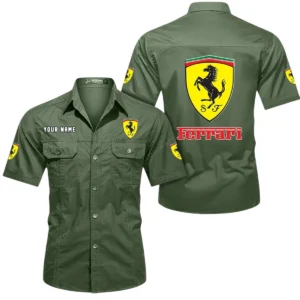 Ferrari Short Sleeved Shirt, All Over Print Button Shirt CAR444052625788 - Army Green