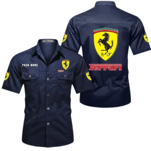 Ferrari Short Sleeved Shirt, All Over Print Button Shirt CAR444052625788 - Dark Blue
