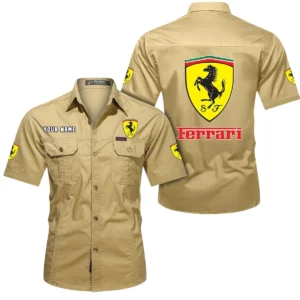 Ferrari Short Sleeved Shirt, All Over Print Button Shirt CAR444052625788 - Khaki