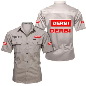 Derbi Motorcycles Short Sleeved Shirt, All Over Print Button Shirt CAR444052625789 - Beige