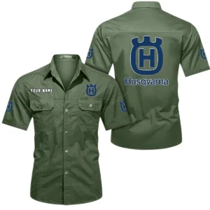 Husqvarna Motorcycles Short Sleeved Shirt, All Over Print Button Shirt CAR444052625797 - Army Green