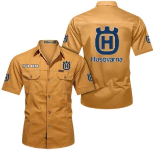 Husqvarna Motorcycles Short Sleeved Shirt, All Over Print Button Shirt CAR444052625797 - Turmeric