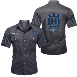 Husqvarna Motorcycles Short Sleeved Shirt, All Over Print Button Shirt CAR444052625797 - Gray