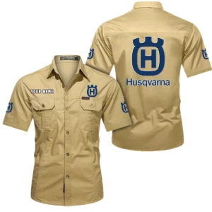 Husqvarna Motorcycles Short Sleeved Shirt, All Over Print Button Shirt CAR444052625797 - Khaki