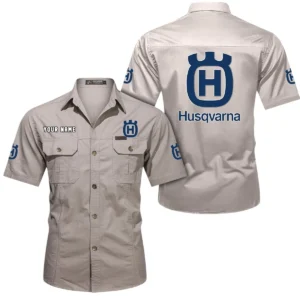 Husqvarna Motorcycles Short Sleeved Shirt, All Over Print Button Shirt CAR444052625797 - Beige