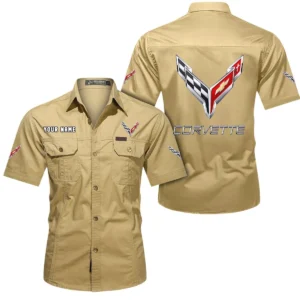 Chevrolet Corvette Short Sleeved Shirt, All Over Print Button Shirt CAR444052625798 - Khaki