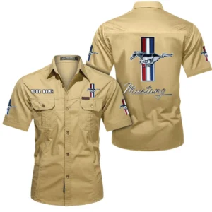 Ford Mustang Short Sleeved Shirt, All Over Print Button Shirt CAR444052625800 - Khaki