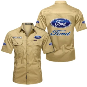 Ford Short Sleeved Shirt, All Over Print Button Shirt CAR444052625805 - Khaki