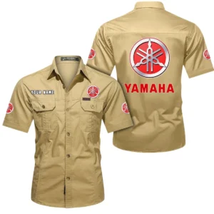 Yamaha Short Sleeved Shirt, All Over Print Button Shirt CAR444052625814 - Khaki