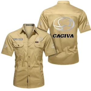 Cagiva Motorcycles Short Sleeved Shirt, All Over Print Button Shirt CAR444052625819 - Khaki