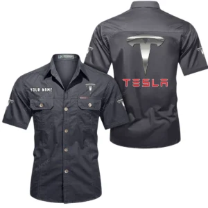 Tesla Short Sleeved Shirt, All Over Print Button Shirt CAR444052625845 - Gray
