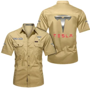Tesla Short Sleeved Shirt, All Over Print Button Shirt CAR444052625845 - Khaki