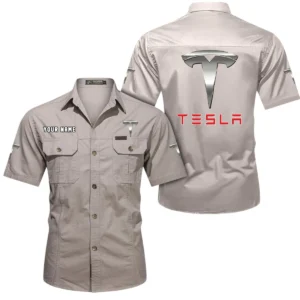 Tesla Short Sleeved Shirt, All Over Print Button Shirt CAR444052625845 - Beige