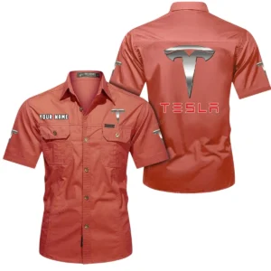 Tesla Short Sleeved Shirt, All Over Print Button Shirt CAR444052625845 - Red