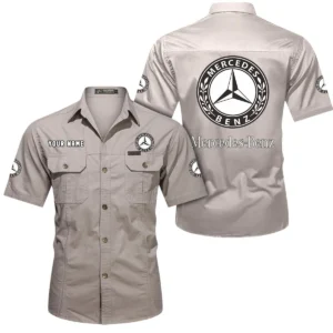 Mercedes Benz Short Sleeved Shirt, All Over Print Button Shirt CAR444052625846 - Beige