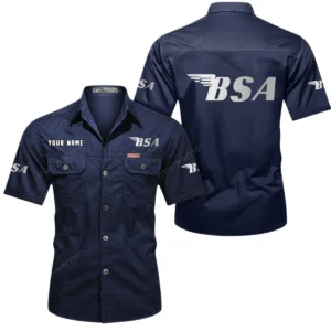 BSA Motorcycles Short Sleeved Shirt, All Over Print Button Shirt CAR444052625847 - Dark Blue