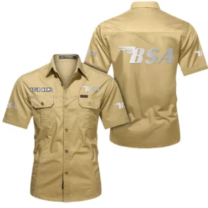 BSA Motorcycles Short Sleeved Shirt, All Over Print Button Shirt CAR444052625847 - Khaki