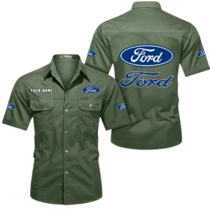 Ford Short Sleeved Shirt, All Over Print Button Shirt CAR444052625853 - Army Green