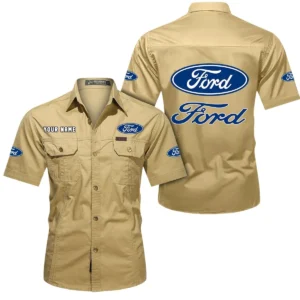 Ford Short Sleeved Shirt, All Over Print Button Shirt CAR444052625853 - Khaki
