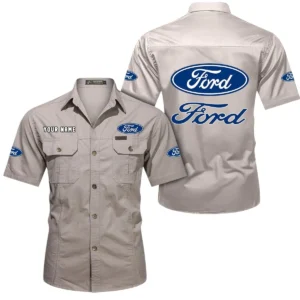 Ford Short Sleeved Shirt, All Over Print Button Shirt CAR444052625853 - Beige