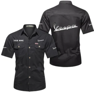 Vespa Short Sleeved Shirt, All Over Print Button Shirt CAR444052625854 - Black