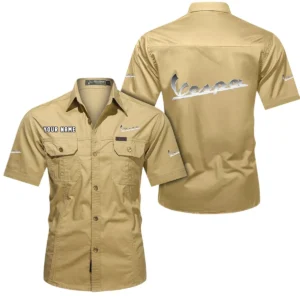 Vespa Short Sleeved Shirt, All Over Print Button Shirt CAR444052625854 - Khaki