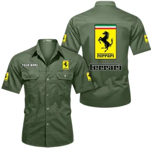 Ferrari Short Sleeved Shirt, All Over Print Button Shirt CAR444052625858 - Army Green