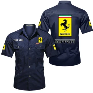 Ferrari Short Sleeved Shirt, All Over Print Button Shirt CAR444052625858 - Dark Blue