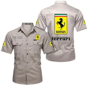 Ferrari Short Sleeved Shirt, All Over Print Button Shirt CAR444052625858 - Beige