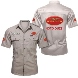 Moto Guzzi Short Sleeved Shirt, All Over Print Button Shirt CAR444052625860 - Beige
