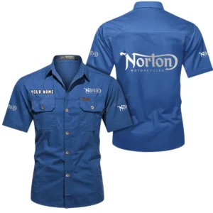 Norton Motorcycles Short Sleeved Shirt, All Over Print Button Shirt CAR444052625861 - Cowboy Blue