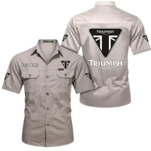 Triumph Motorcycles Short Sleeved Shirt, All Over Print Button Shirt CAR444052625862 - Beige