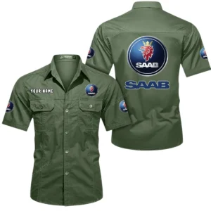 Saab Automobile Short Sleeved Shirt, All Over Print Button Shirt CAR444052625865 - Army Green